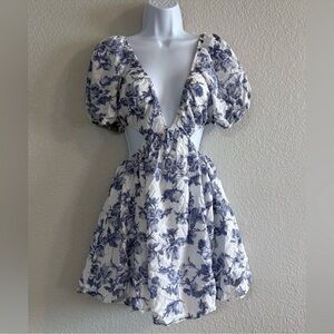 Bardot Blue and White Puff Sleeve Mini Sundress